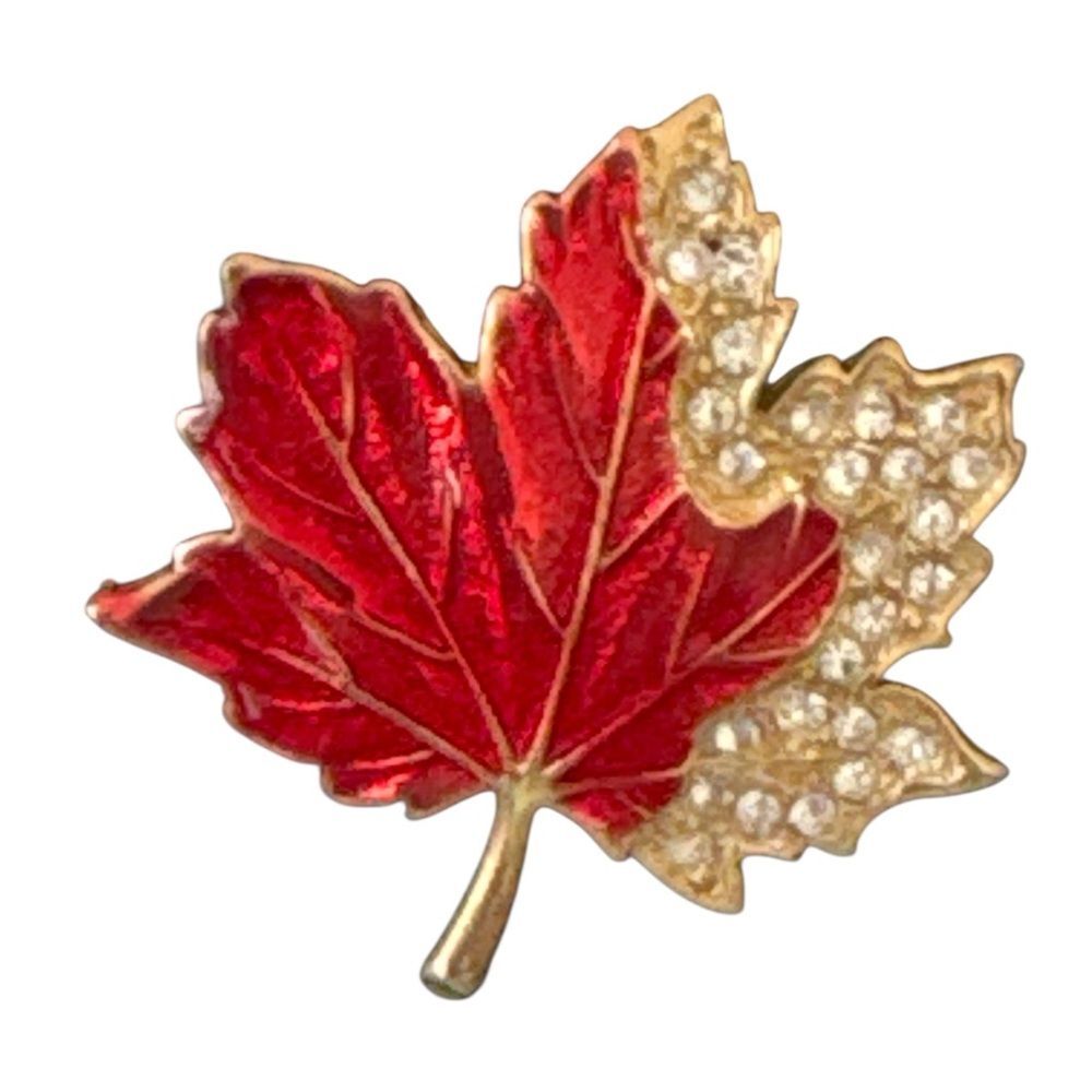 Vintage Made In Canada Red And Gold Maple Leaf Brooch With Rhinestones